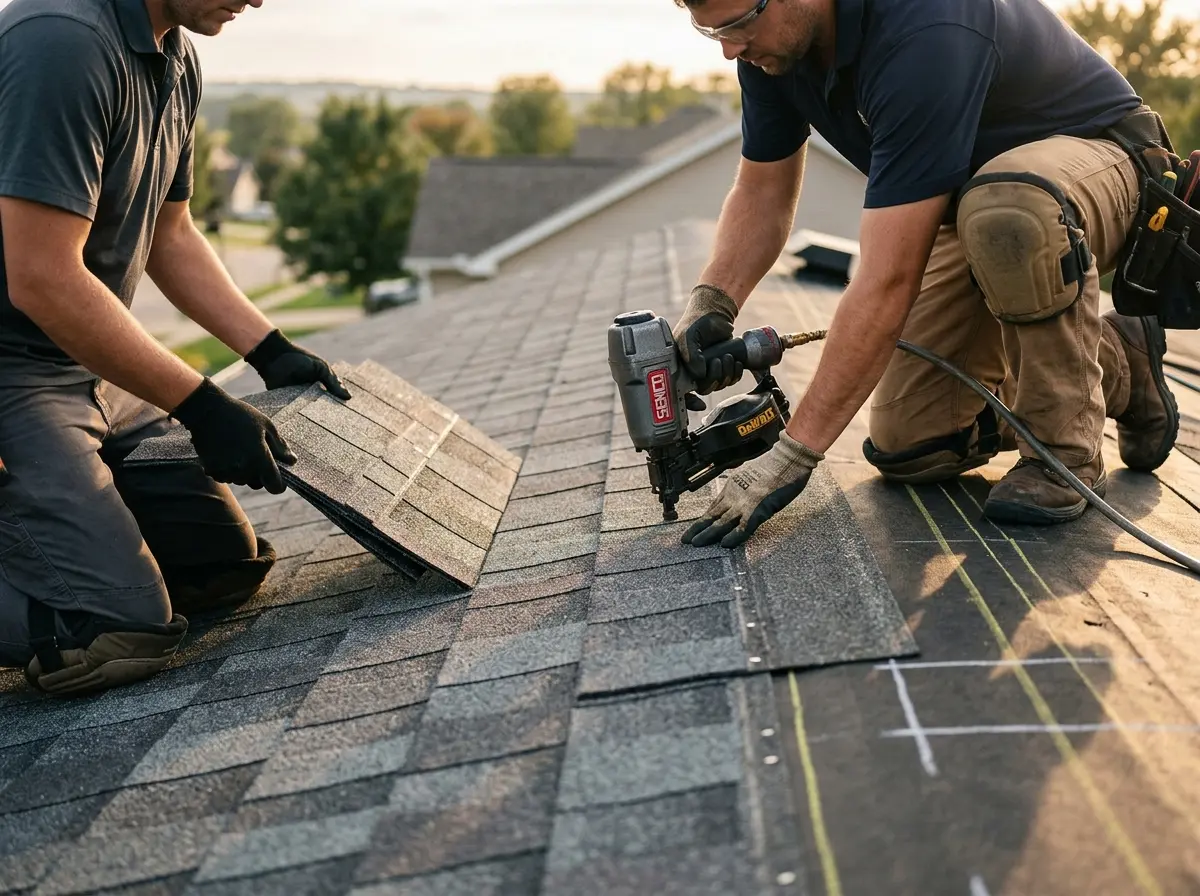 Professional roofer working on a residential roof in Alvarado